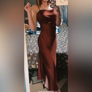 BURNT ORANGE SATIN LONG DRESS WITH SLIT